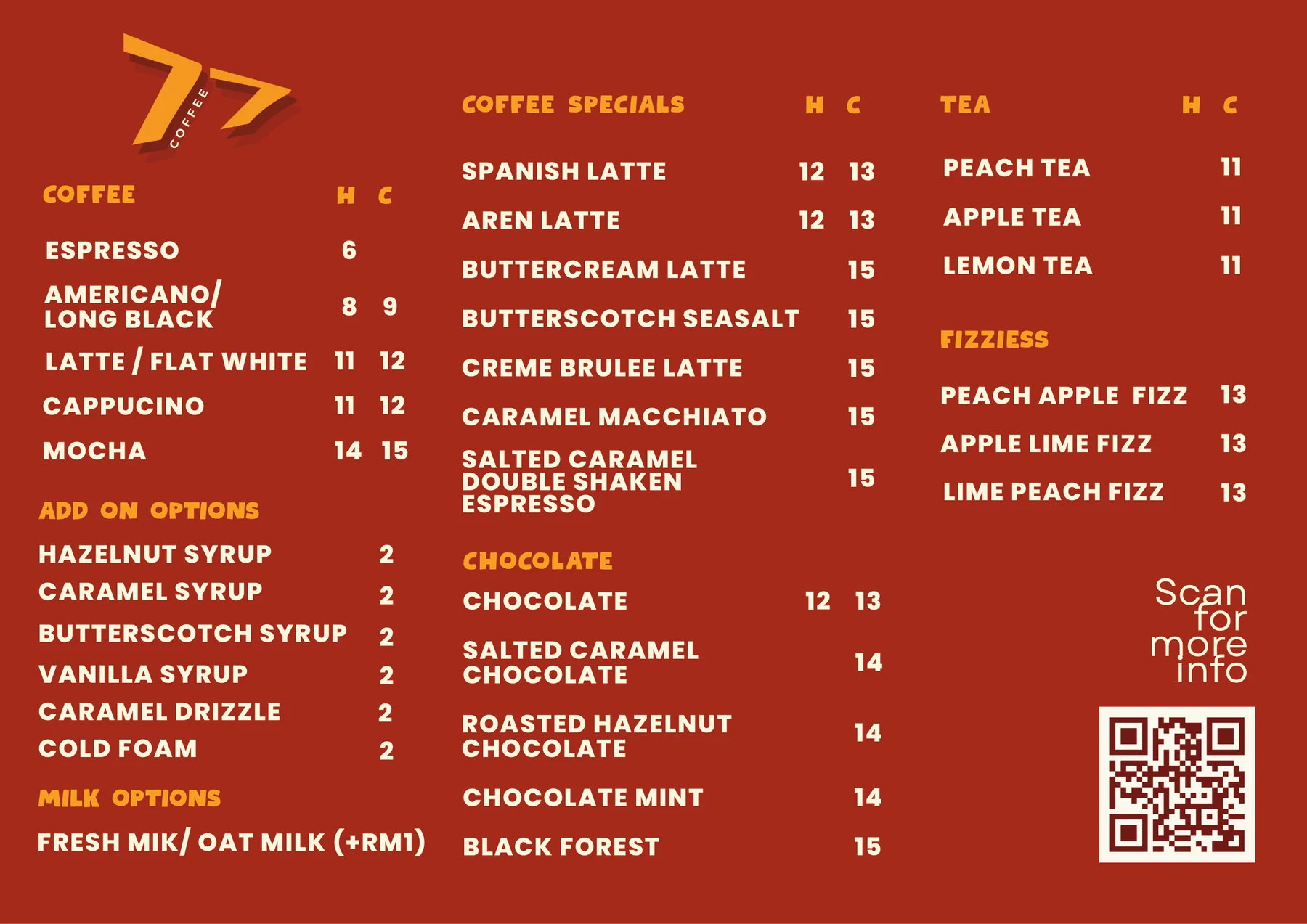 Seventy7 Coffee menu page one: coffee, coffee specials, chocolate, tea and fizzies